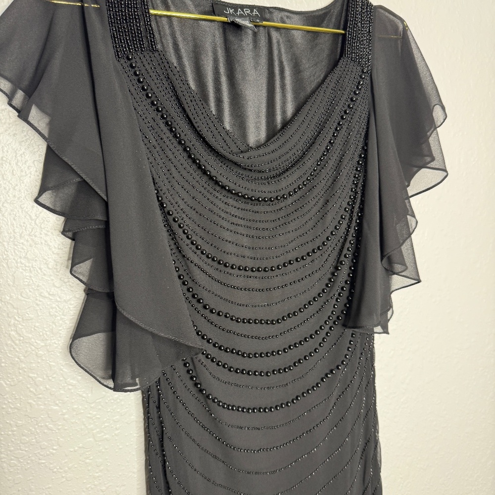 Pre-Owned Women's Jkara Black Beaded Evening Dress size‎ 8 Flutter Sleeve